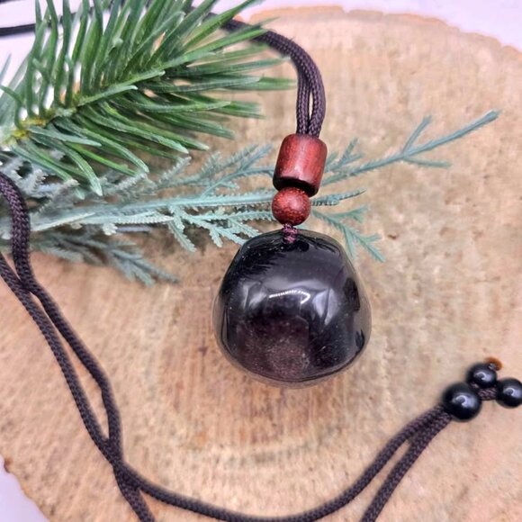 Nature Silver Obsidian Cat Eye Flash Daruma Doll Pendant Necklace - Picture 4 of 10